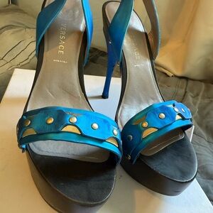 Versace Blue High-Heeled Sandals with Gold Accents